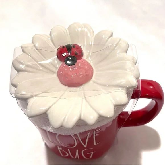 Rae Dunn LOVE BUG Ceramic Mug with Flower/Ladybug Topper Red/White - Picture 10 of 16